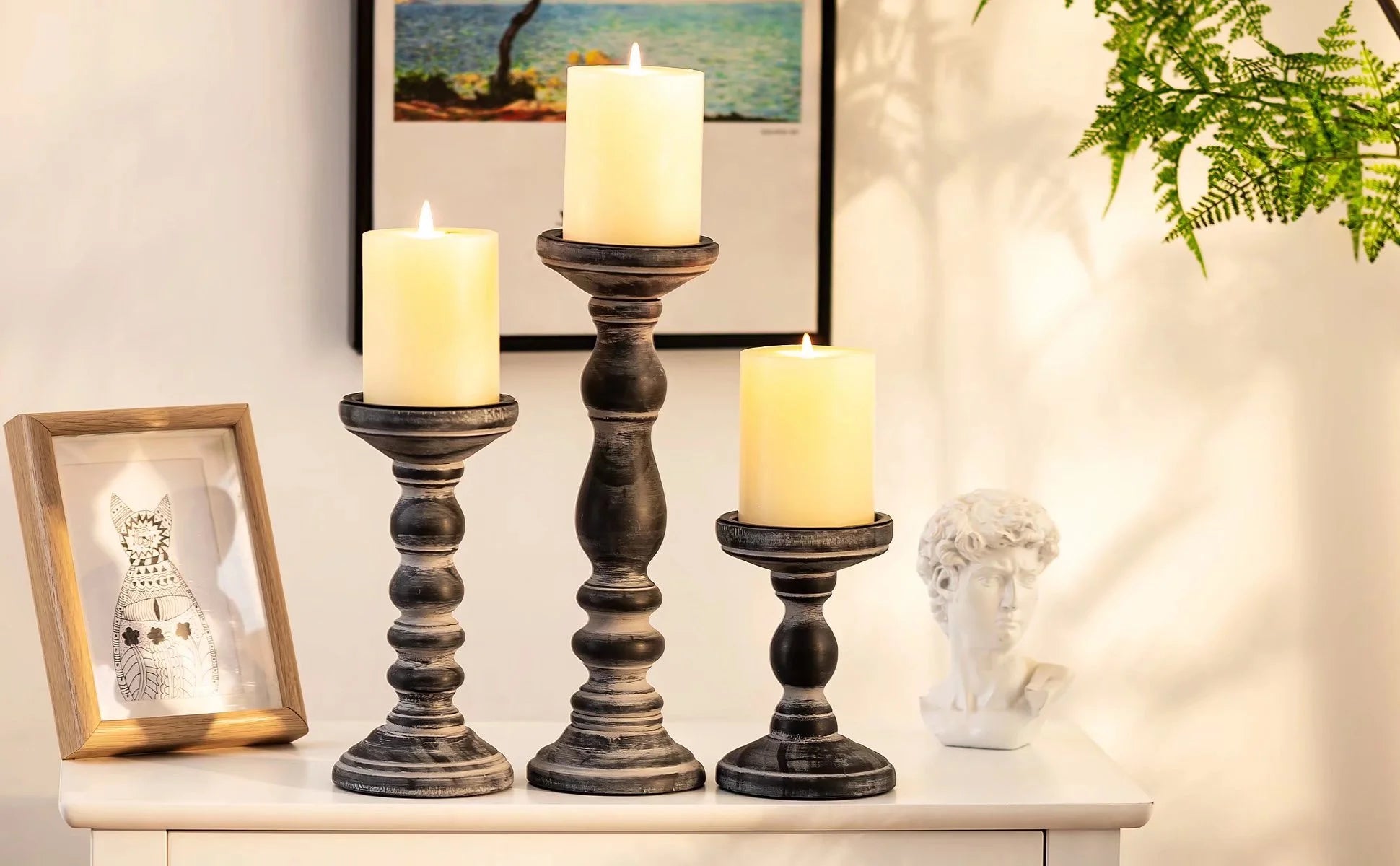 Farmhouse Candle Holders for Pillar Candles， Rustic Wooden Pillar Candles Holder Set of 3 Tall Table Centerpiece Decor Fireplace Mantle（Black）
