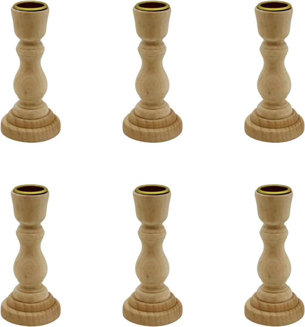 4 Inch Tall Unfinished Wooden Candlesticks with Metal Candle Holder Cup Center - Wholesale Pack of 6