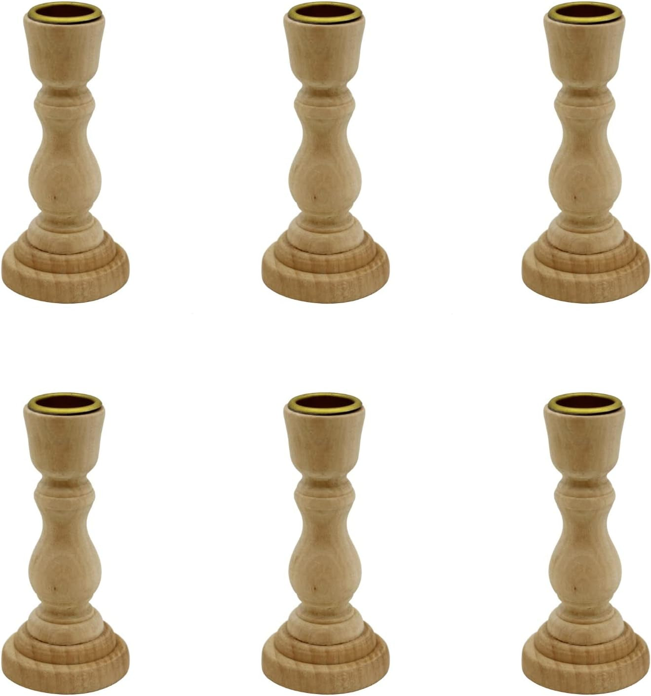 4 Inch Tall Unfinished Wooden Candlesticks with Metal Candle Holder Cup Center - Wholesale Pack of 6