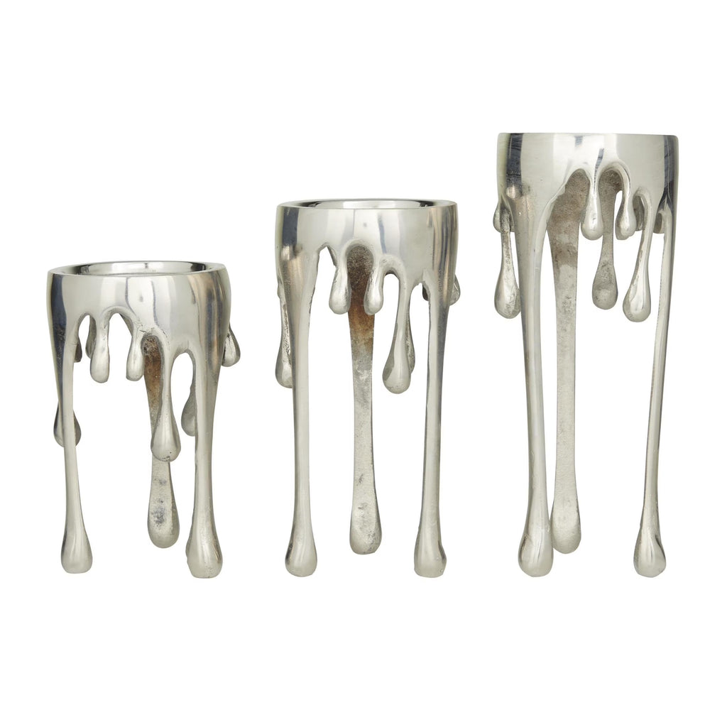 3 Candle Silver Aluminum Metal Abstract Drip Candle Holder with Melting Designed Legs, Set of 3