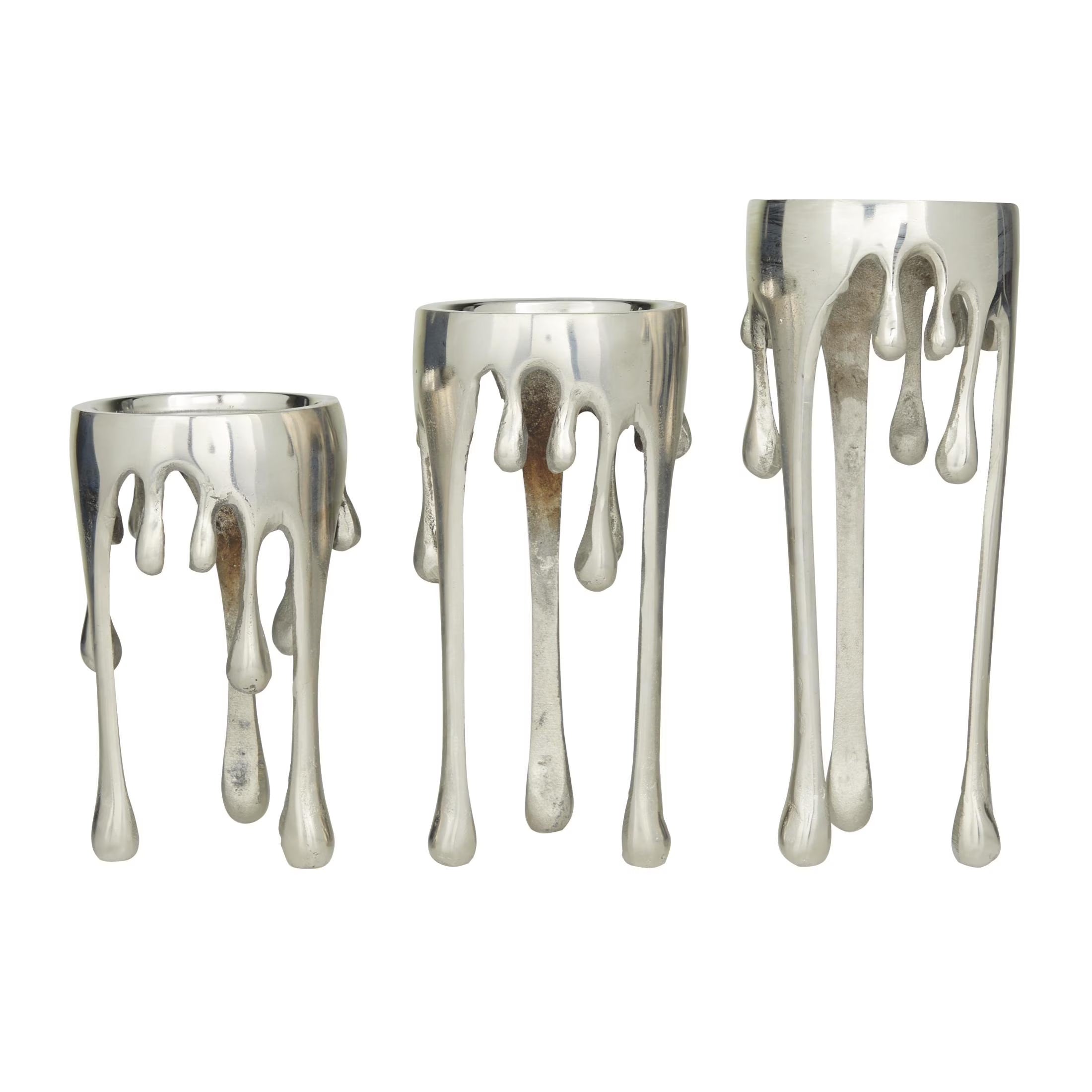 3 Candle Silver Aluminum Metal Abstract Drip Candle Holder with Melting Designed Legs, Set of 3