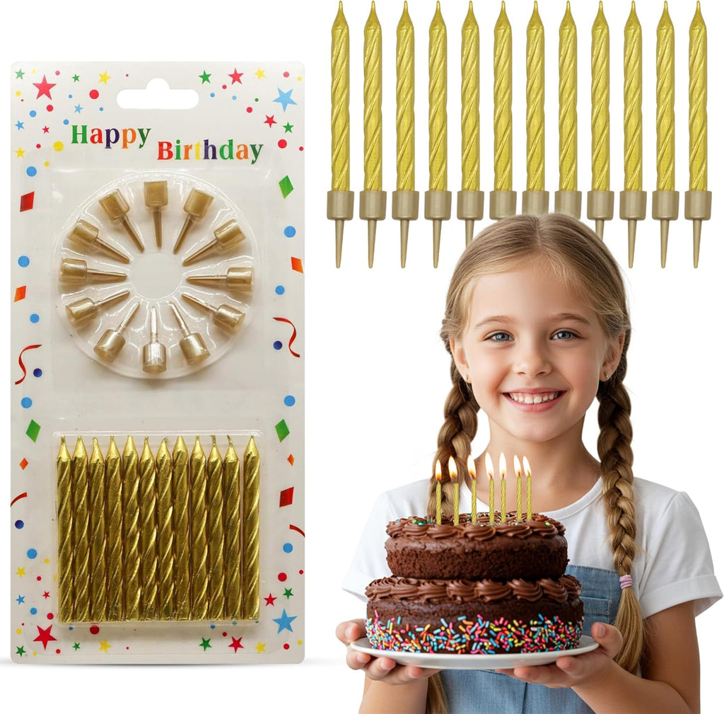 Birthday Candles, Gold Birthday Candles for Cakes, Pack of 12 Party Spiral Candles with Gold Candle Holders, Candles for Wedding, Birthday, Party Decorations, Anniversary and Meetups