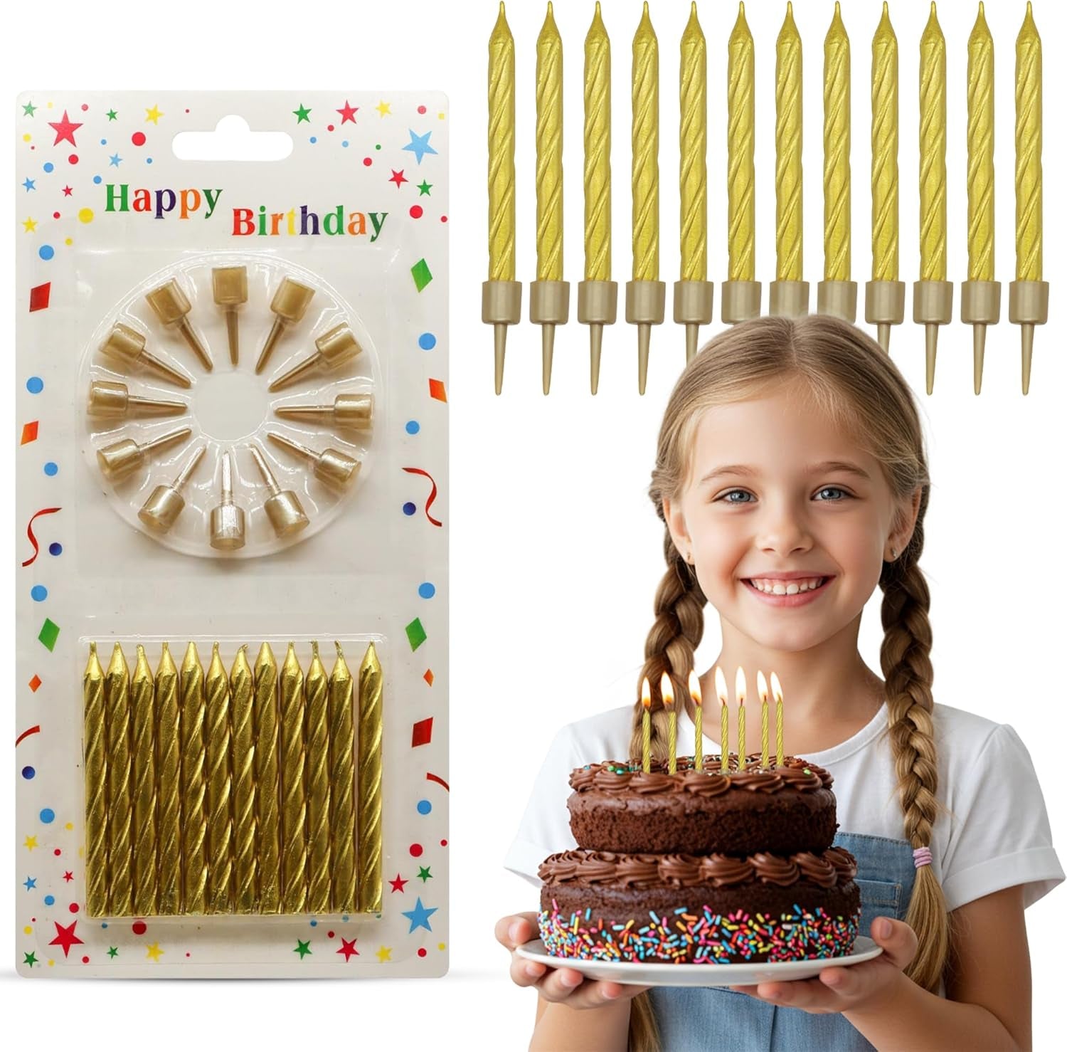 Birthday Candles, Gold Birthday Candles for Cakes, Pack of 12 Party Spiral Candles with Gold Candle Holders, Candles for Wedding, Birthday, Party Decorations, Anniversary and Meetups