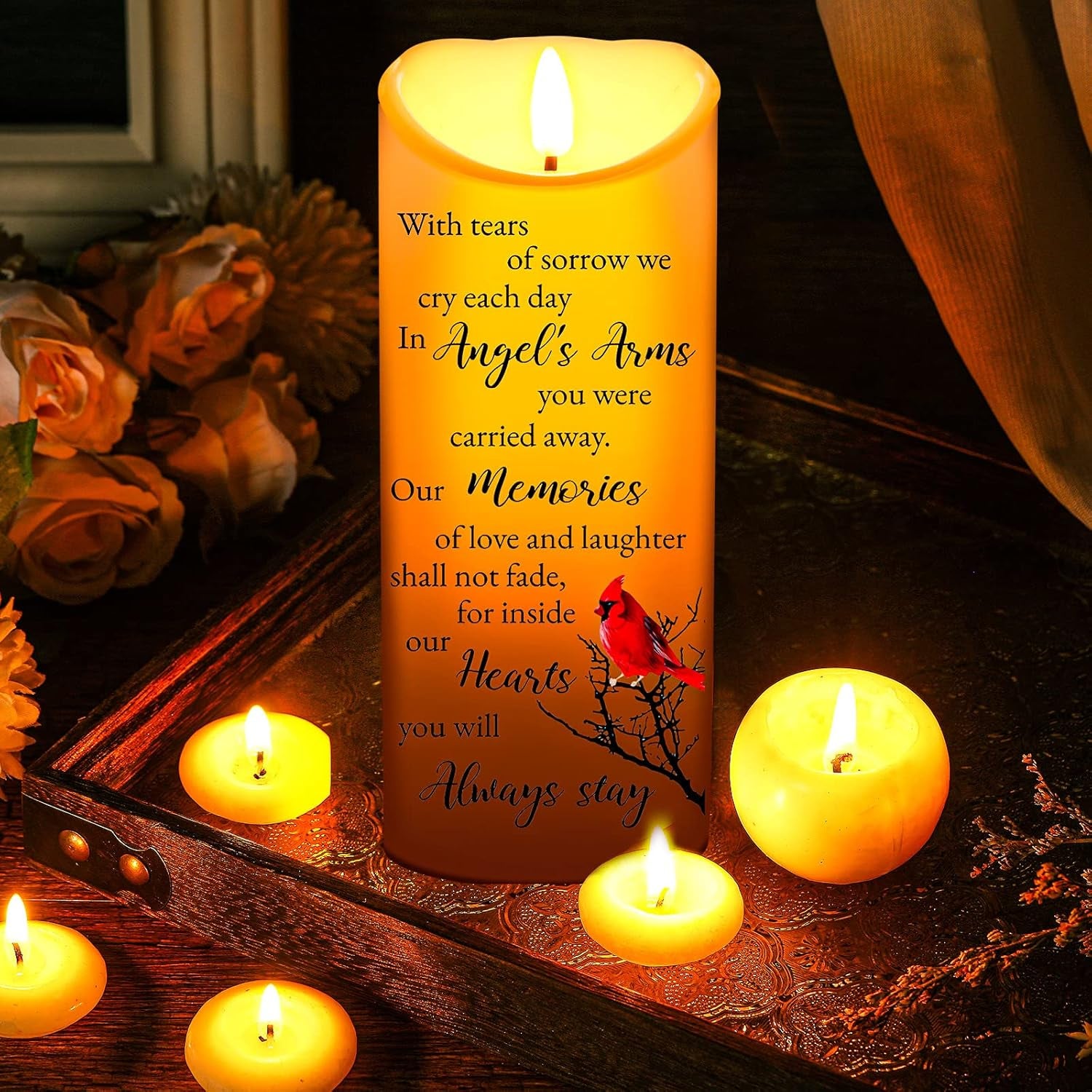 Memorial Candles Sympathy Gifts LED Flameless Cardinal Bereavement Candles for Loss of Loved One Sympathy Cardinal Gifts Battery Candle for Prayers(Retro Style)