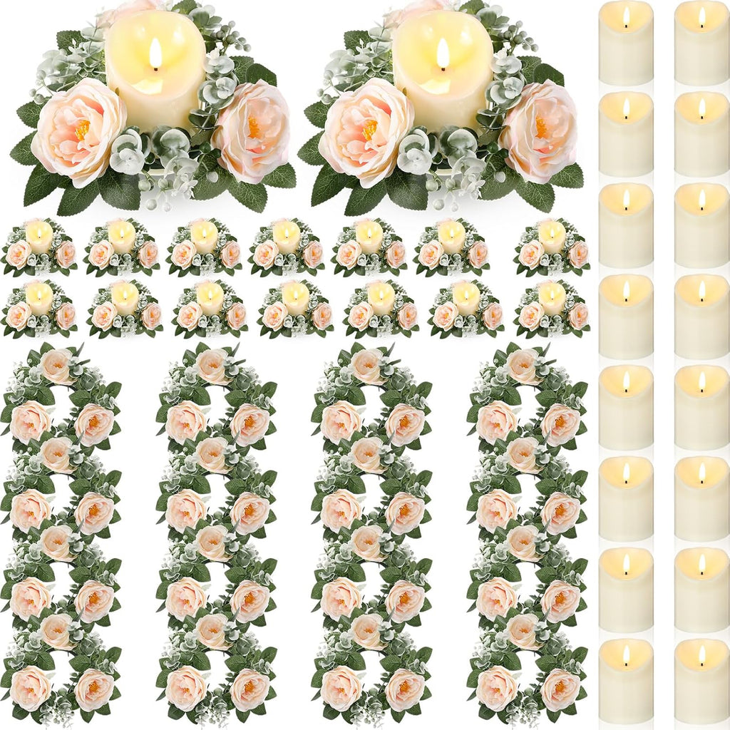 16 Set Rose Candle Rings Wreaths 3 Inch Center with Flameless LED Candles Artificial Rose Light Garland Fake Electric Votive Tealights Bulk Funeral Wedding Table Centerpieces Decor(Champagne)