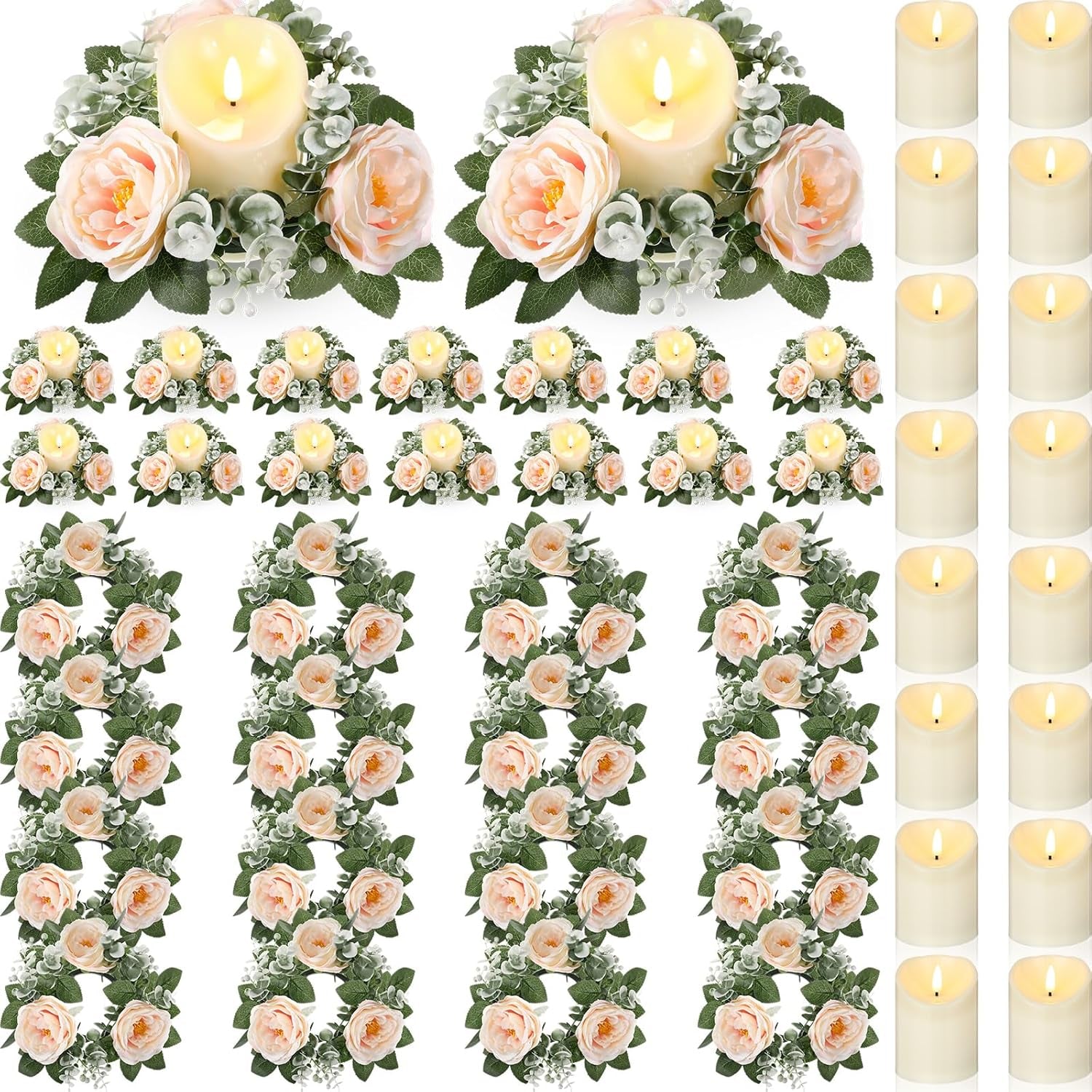 16 Set Rose Candle Rings Wreaths 3 Inch Center with Flameless LED Candles Artificial Rose Light Garland Fake Electric Votive Tealights Bulk Funeral Wedding Table Centerpieces Decor(Champagne)