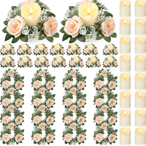 16 Set Rose Candle Rings Wreaths 3 Inch Center with Flameless LED Candles Artificial Rose Light Garland Fake Electric Votive Tealights Bulk Funeral Wedding Table Centerpieces Decor(Champagne)