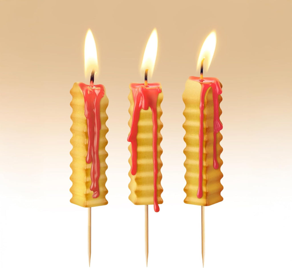 HOT and Crispy French Fry Party Candles, Set of 6, Ketchup Drip Melting Effect, Fun Birthday Cake Toppers and Food-Themed Celebration Decor