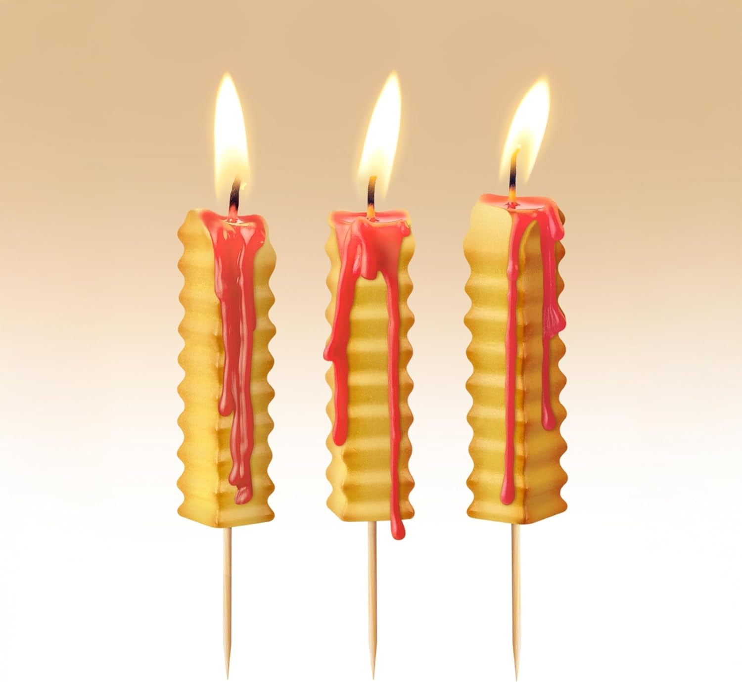 HOT and Crispy French Fry Party Candles, Set of 6, Ketchup Drip Melting Effect, Fun Birthday Cake Toppers and Food-Themed Celebration Decor