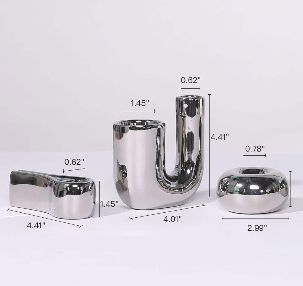 Silver Candlestick Holders, Decorative Taper Candle Holder Set Decor for Table Centerpiece Fireplace, Modern Silver Candle Holders Set, Aesthetic Ceramic Candle Stick Holder