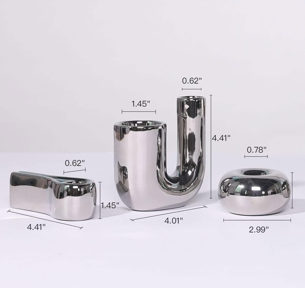 Silver Candlestick Holders, Decorative Taper Candle Holder Set Decor for Table Centerpiece Fireplace, Modern Silver Candle Holders Set, Aesthetic Ceramic Candle Stick Holder