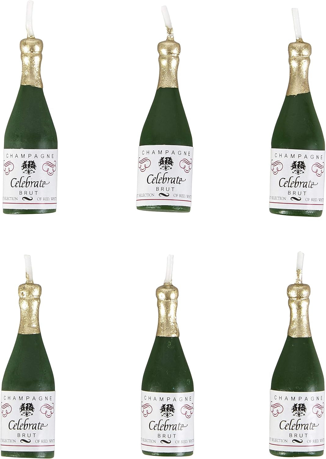 Champagne Bottle Candles for Cake Decorations, Birthday Candles with 2 In. Height, Birthday and Party Cake Candles, 6-Count, Wax