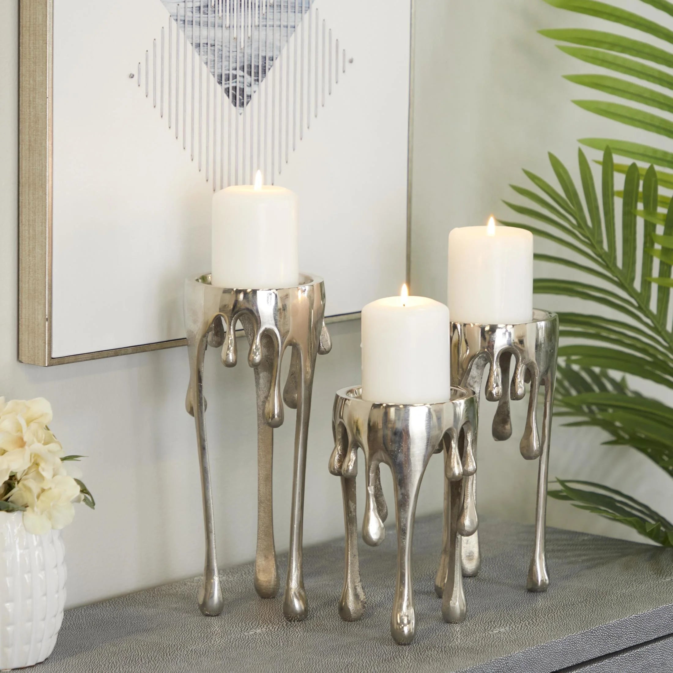 3 Candle Silver Aluminum Metal Abstract Drip Candle Holder with Melting Designed Legs, Set of 3