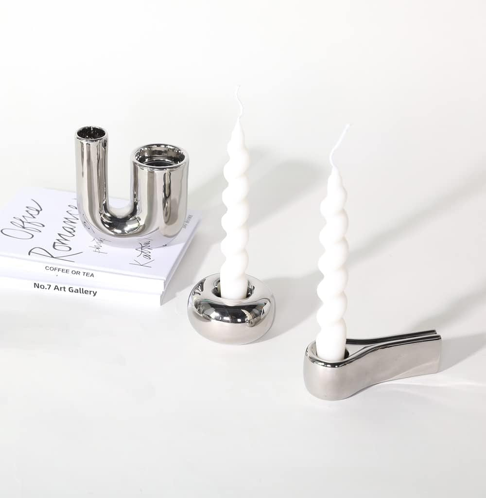 Silver Candlestick Holders, Decorative Taper Candle Holder Set Decor for Table Centerpiece Fireplace, Modern Silver Candle Holders Set, Aesthetic Ceramic Candle Stick Holder