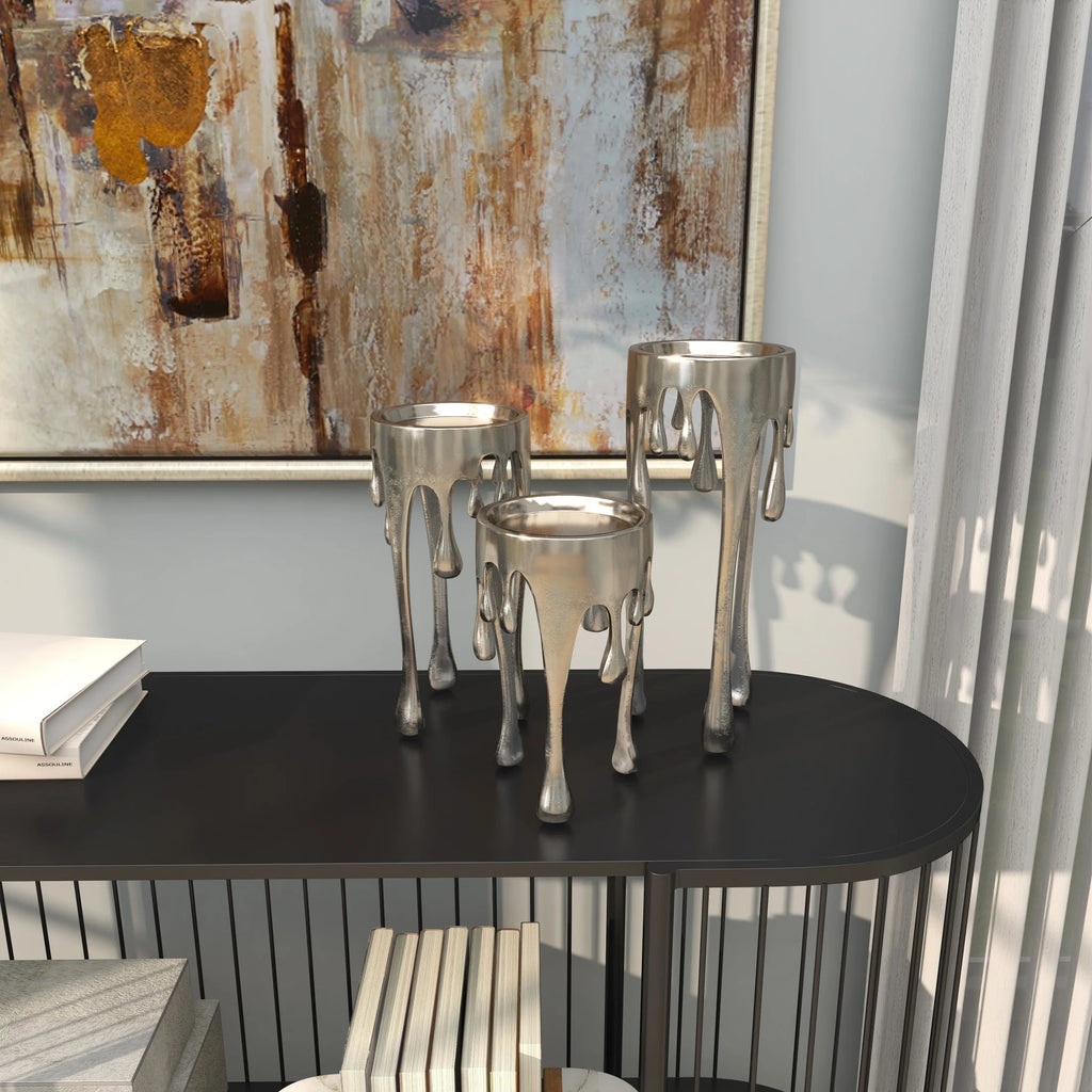 3 Candle Silver Aluminum Metal Abstract Drip Candle Holder with Melting Designed Legs, Set of 3