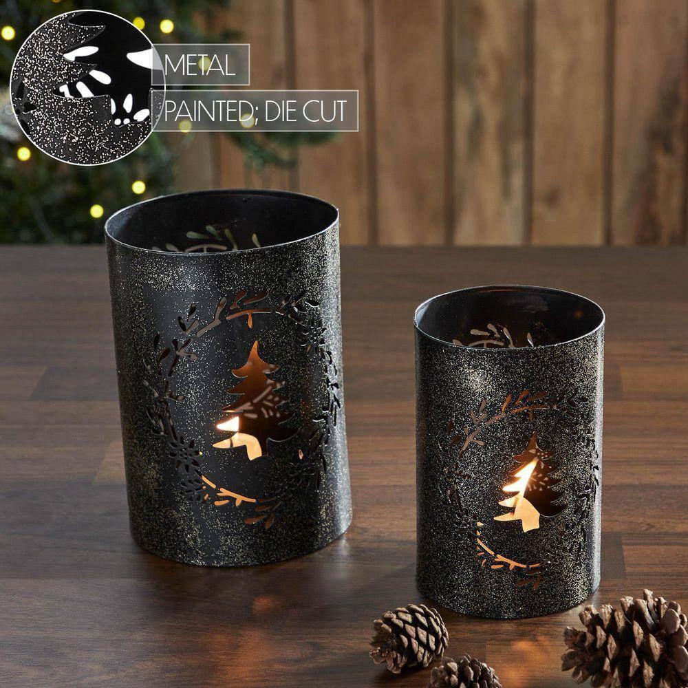Gold Dusted Black Wreath and Tree Metal Candle Holder 2-Pack