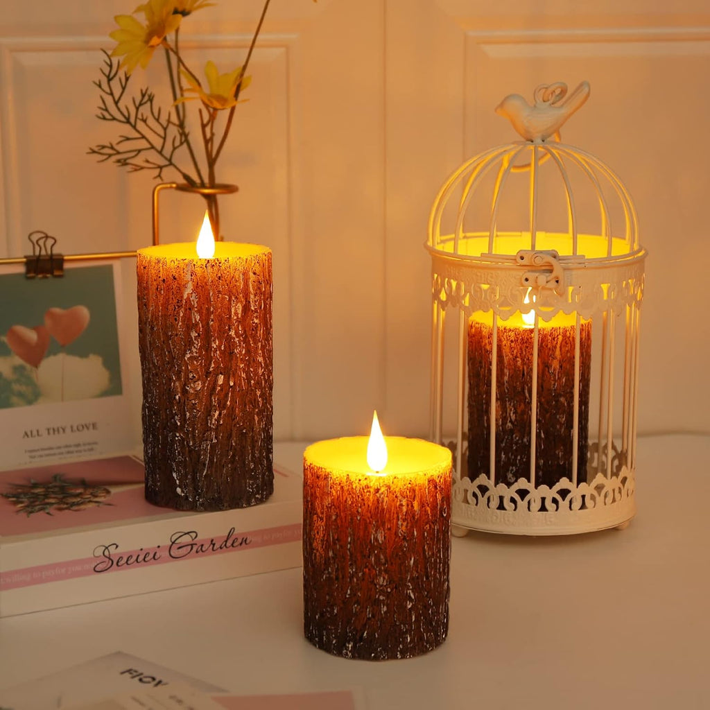 Flameless Candles Battery Operated Pillar Pine Effect Real Wax Flickering 3D Wick Electric LED Decorative Candle Sets with Remote Control Cycling 24 Hours Timer, 4" 5" 6" Pack of 3