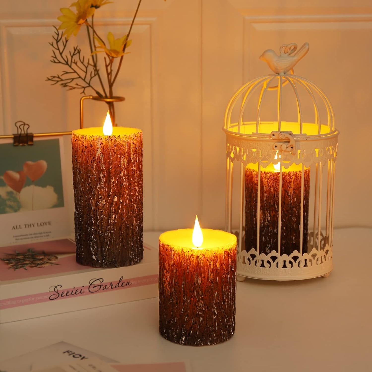 Flameless Candles Battery Operated Pillar Pine Effect Real Wax Flickering 3D Wick Electric LED Decorative Candle Sets with Remote Control Cycling 24 Hours Timer, 4" 5" 6" Pack of 3