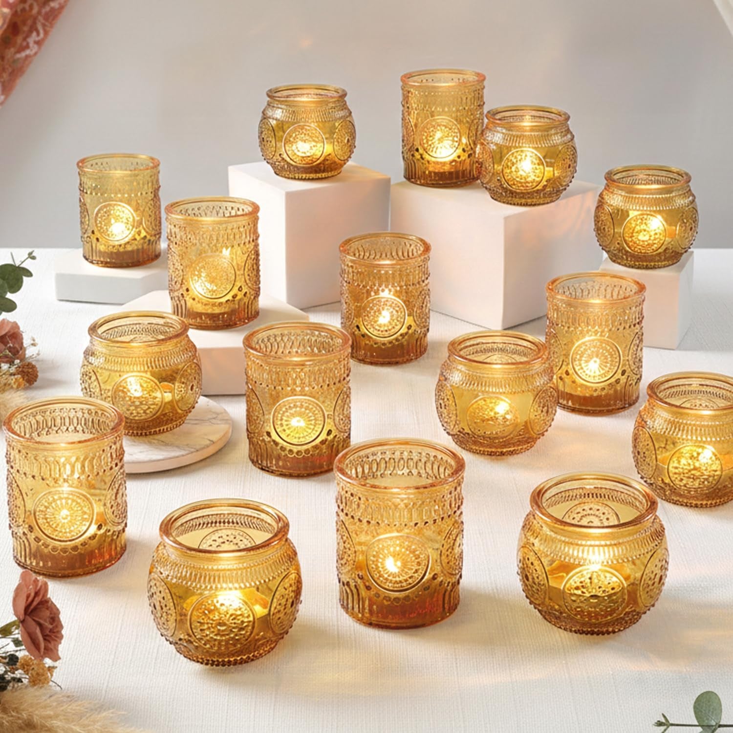 36 Pcs Amber Candle Holders - Vintage Candle Holder for Rustic/Boho Wedding Table Centerpieces, Bridal Shower, Baby Shower Decoration