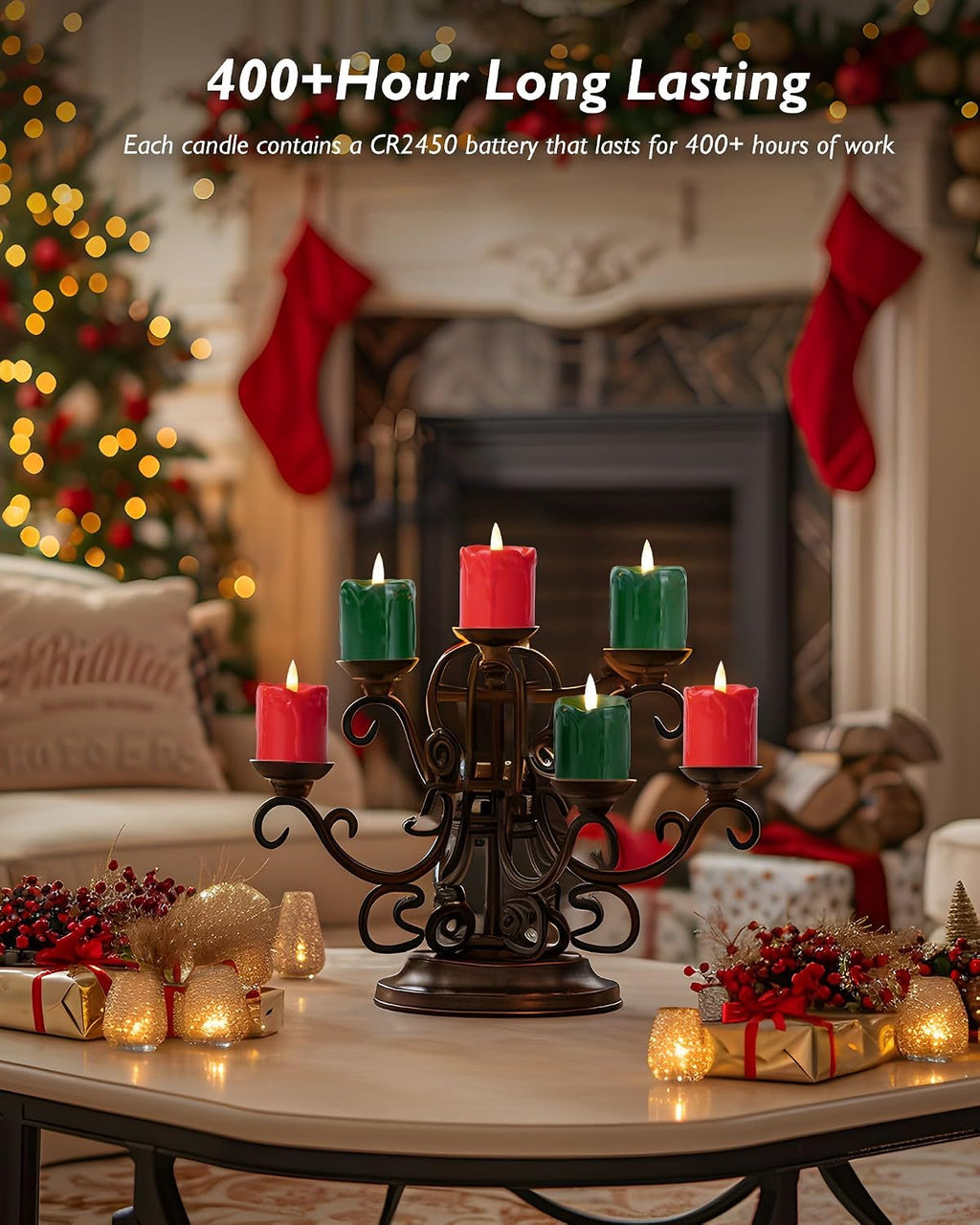 2" X 2" Green & Red Timer Flickering Flameless Candles, 400+ Hour Battery Operated Votive Candles, 6Pack 3D Wick Electric Fake Candles for Party, Christmas, Halloween and Festival Celebration