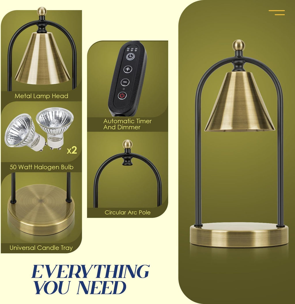 Candle Warmer Lamp with Timer, Electric Brass Light for Dimmable Wax Melts and Candle Jars, Bedroom Lamp Gifts for Women Home Decor (2 Bulbs)