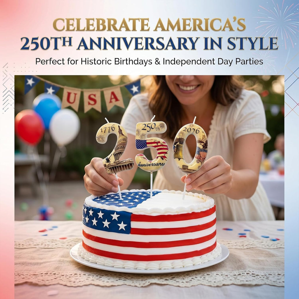 USA 250Th Anniversary Number Birthday Candles, Patriotic Themed Cake Topper for 4Th of July Independence Day & Memorial Day Party Decorations Supplies