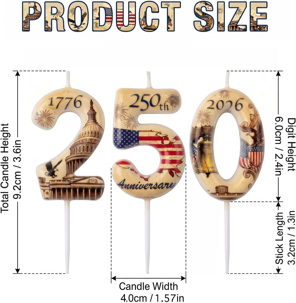USA 250Th Anniversary Number Birthday Candles, Patriotic Themed Cake Topper for 4Th of July Independence Day & Memorial Day Party Decorations Supplies