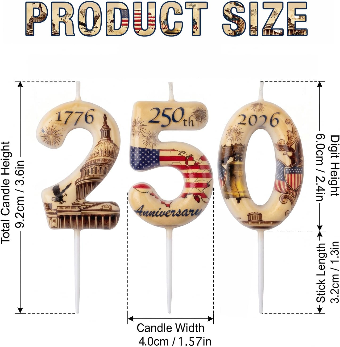 USA 250Th Anniversary Number Birthday Candles, Patriotic Themed Cake Topper for 4Th of July Independence Day & Memorial Day Party Decorations Supplies