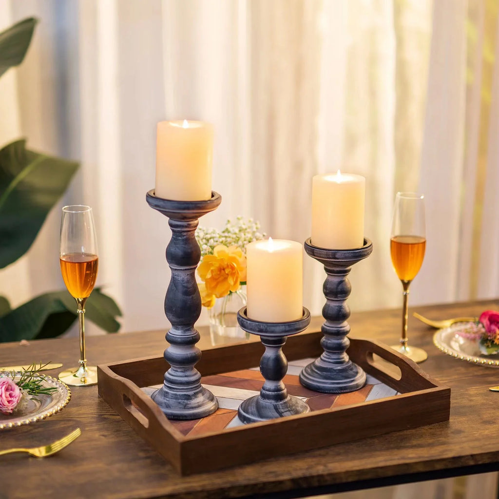 Farmhouse Candle Holders for Pillar Candles， Rustic Wooden Pillar Candles Holder Set of 3 Tall Table Centerpiece Decor Fireplace Mantle（Black）