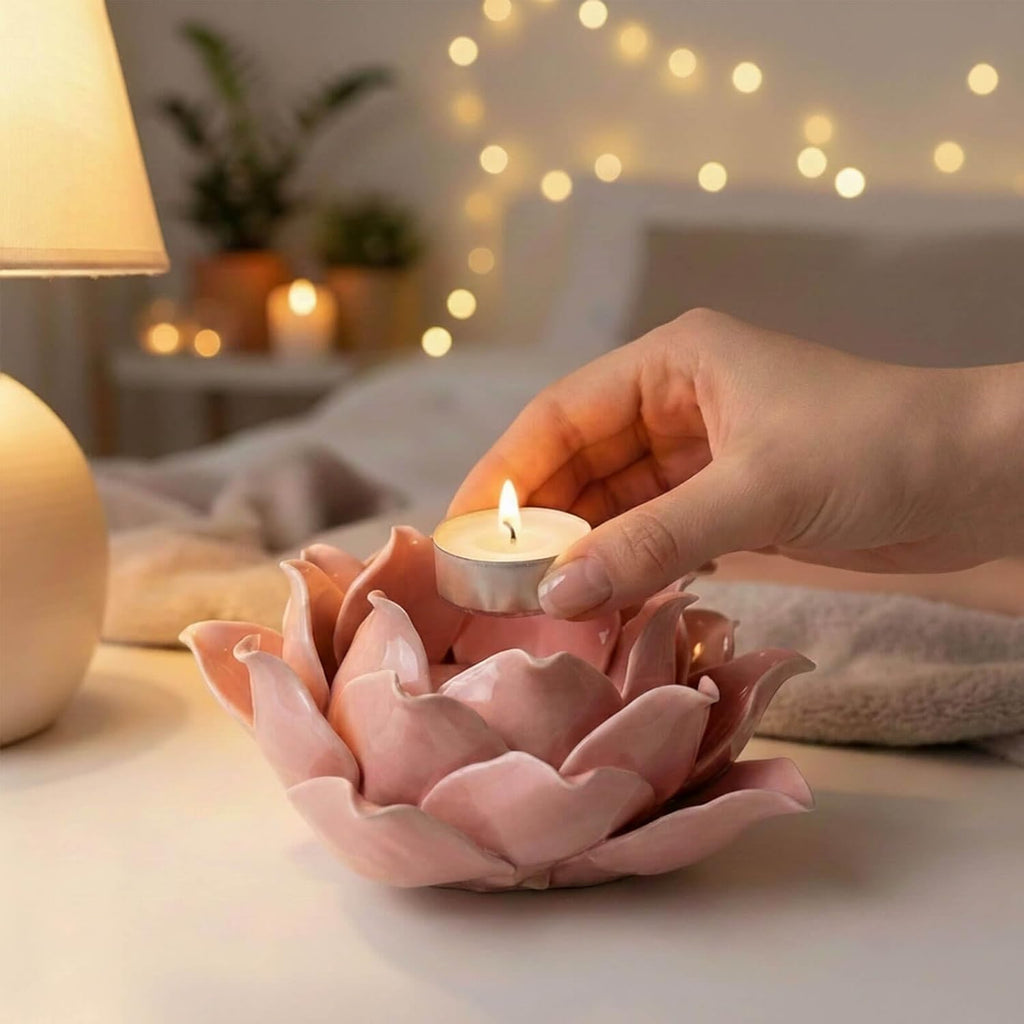 Pink Lotus Flower Candle Holder - Handmade Ceramic Lotus Tealight Candle Holders, Pink Lotus Candle Holders for Home Decoration, 1 Pack