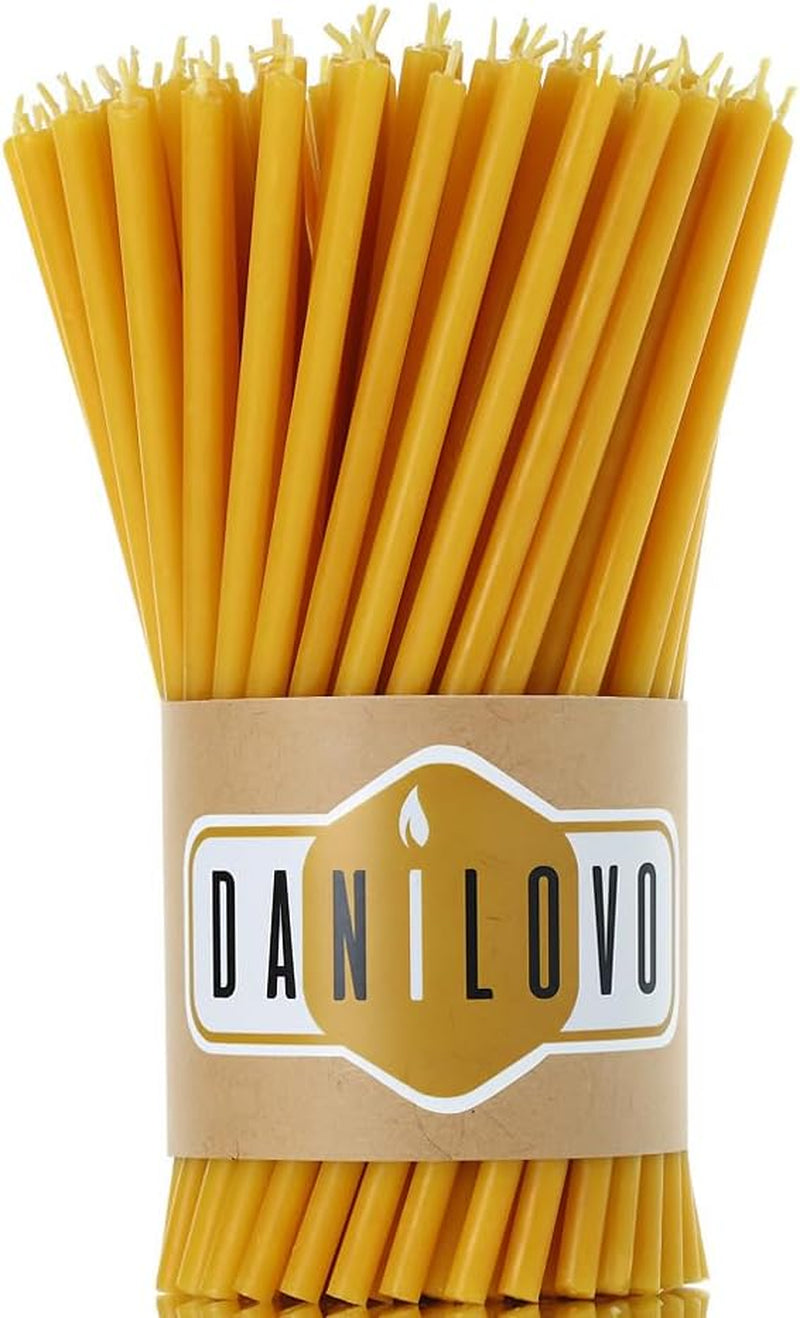 Thin Taper Beeswax Candles - Honey-Scented, Decorative Candles Ideal for Birthday Decoration or Church Prayers - Yellow Drip Free, Tall & Smokeless Pack of 50 Pcs, 6.4 X 0.22 Inch