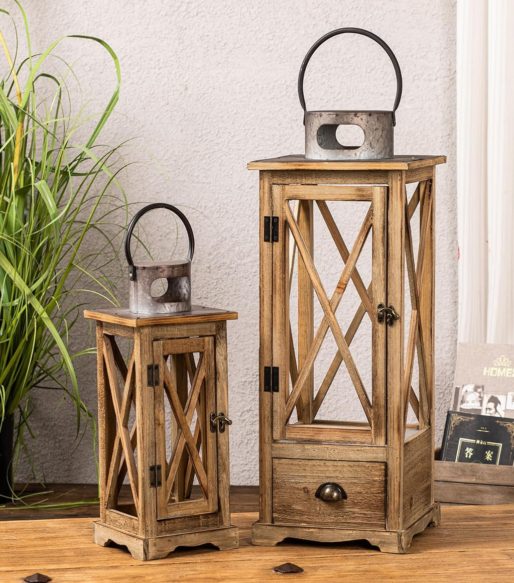 Large Farmhouse Wooden Candle Lantern Set of 2, Rustic Floor Candle Lanterns Wit