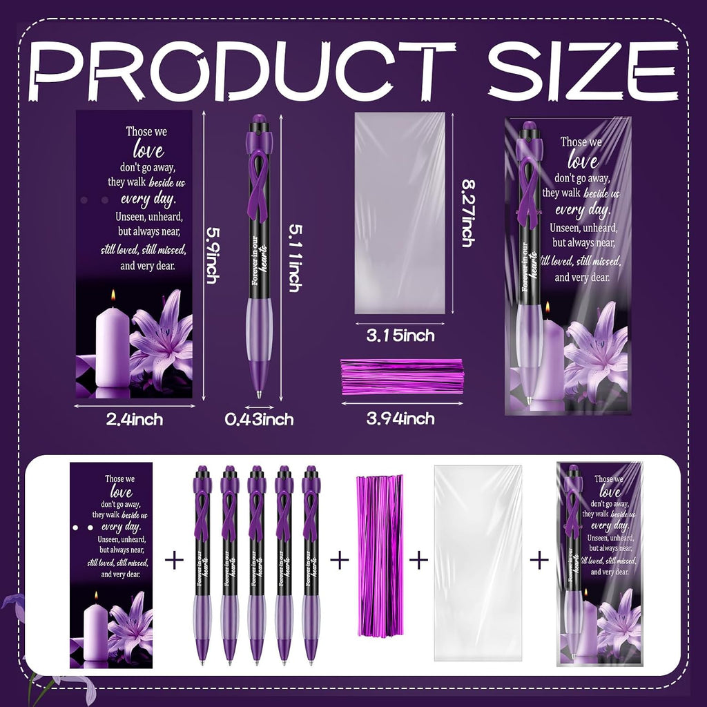 60 Set Memorial Funeral Favor for Guest Thank You Set - 60 Funeral Ballpoints and Prayer Cards, 100 Bags & Twist Ties, Sympathy Gift for a Memorial Service Purple Ribbon Awareness(Purple)