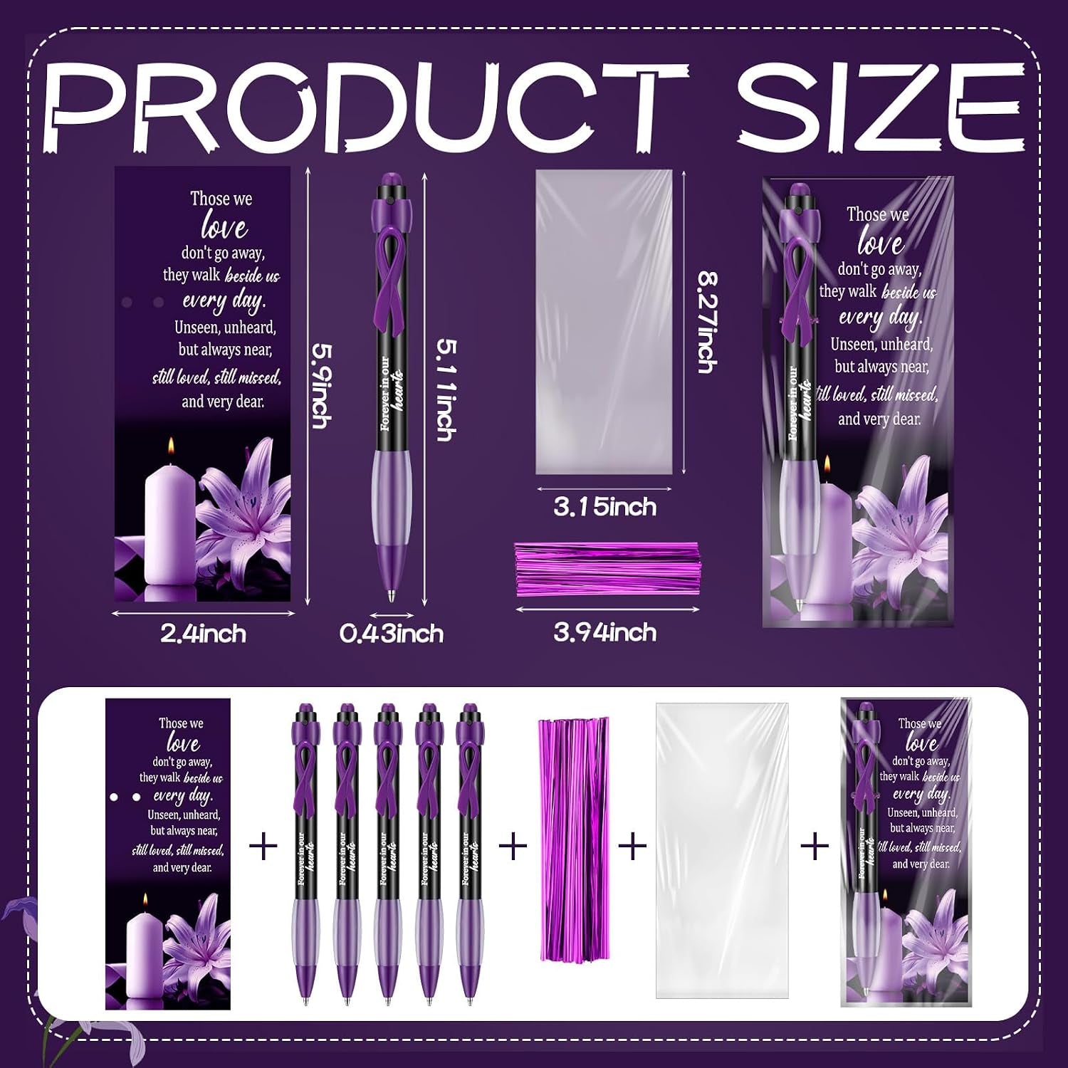 60 Set Memorial Funeral Favor for Guest Thank You Set - 60 Funeral Ballpoints and Prayer Cards, 100 Bags & Twist Ties, Sympathy Gift for a Memorial Service Purple Ribbon Awareness(Purple)
