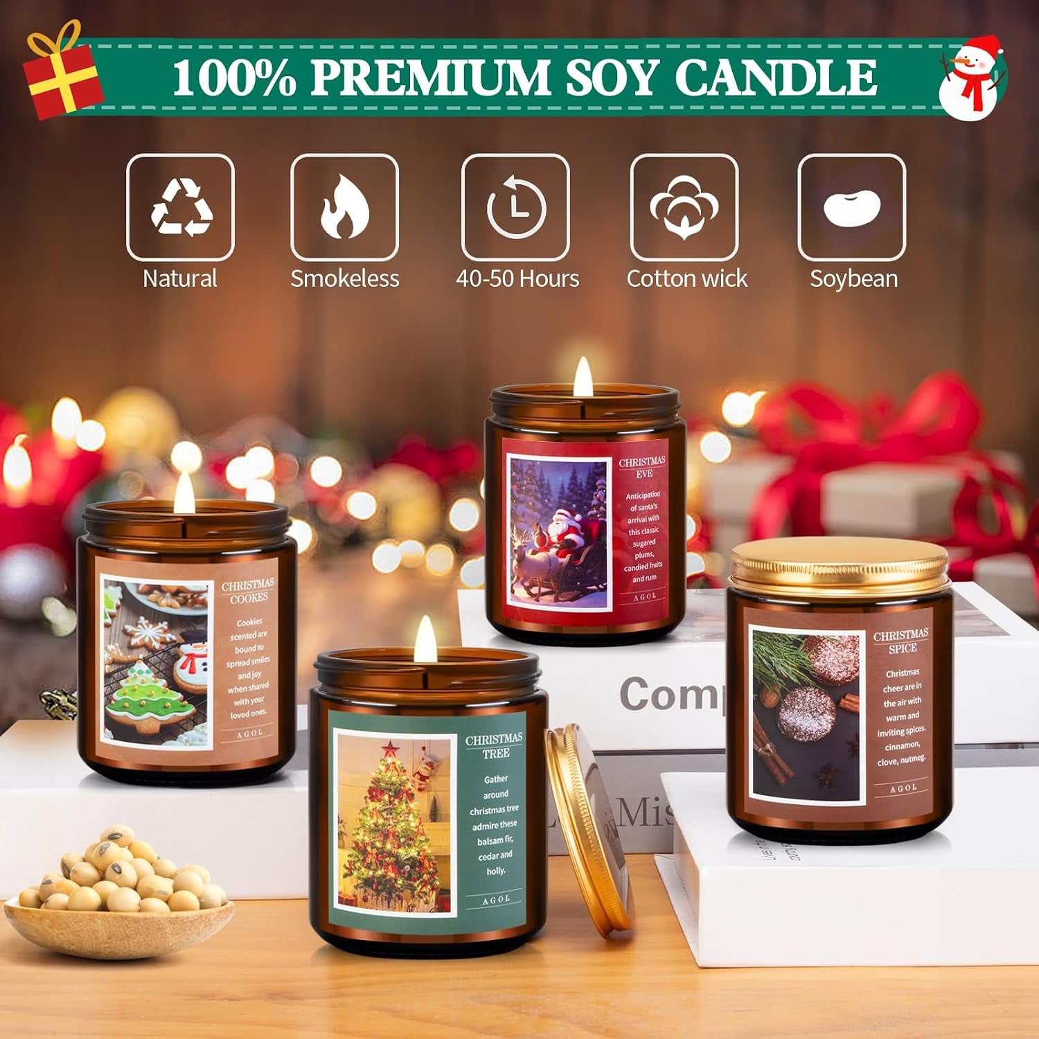 4 Pack New Year'S, Christmas Candles, Exquisite Christmas Scented Candles Set, Amber Jar Natural Soy Candle Sets, Christmas Candle Gift Sets for Women Men Spa, Sleep, Yoga, Read