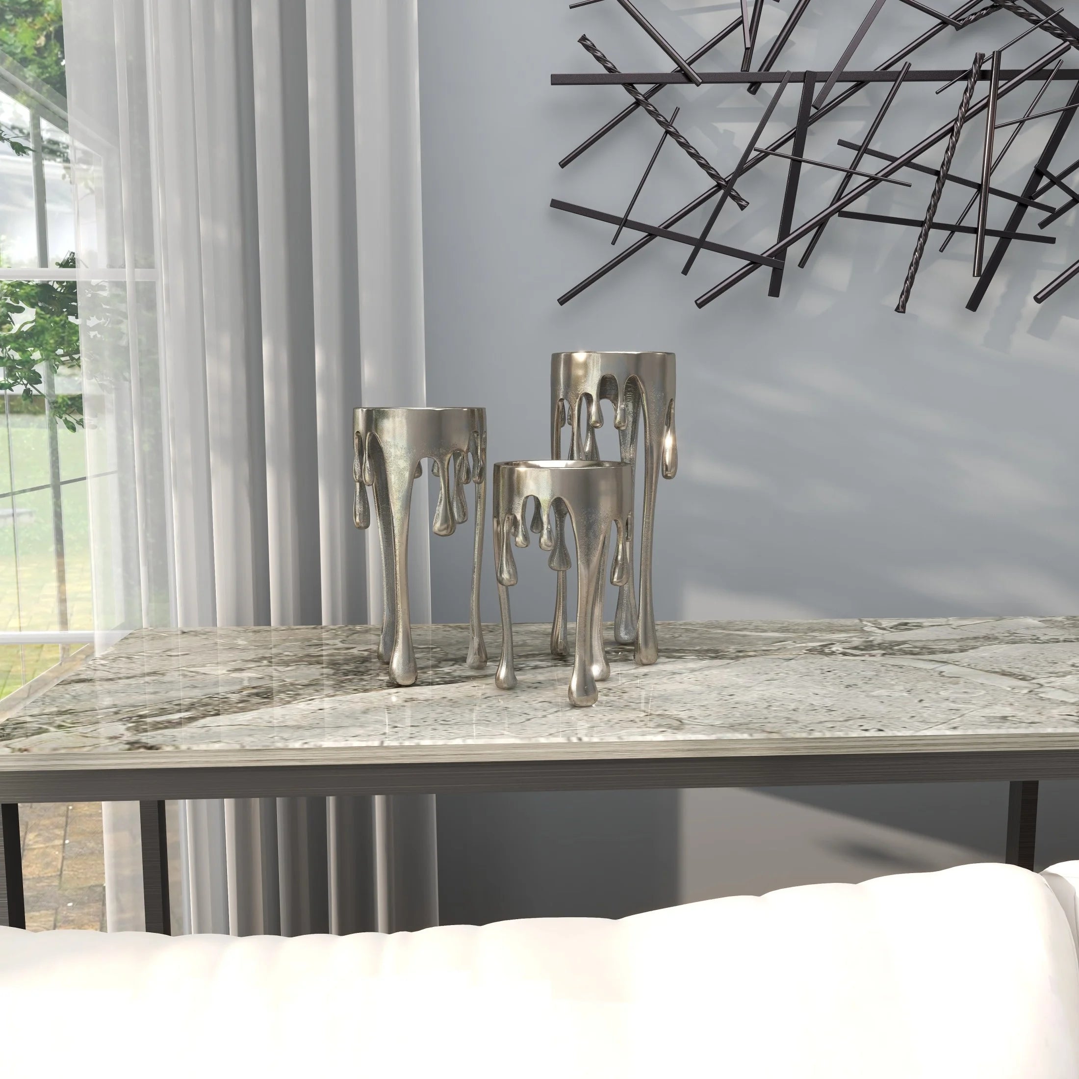 3 Candle Silver Aluminum Metal Abstract Drip Candle Holder with Melting Designed Legs, Set of 3