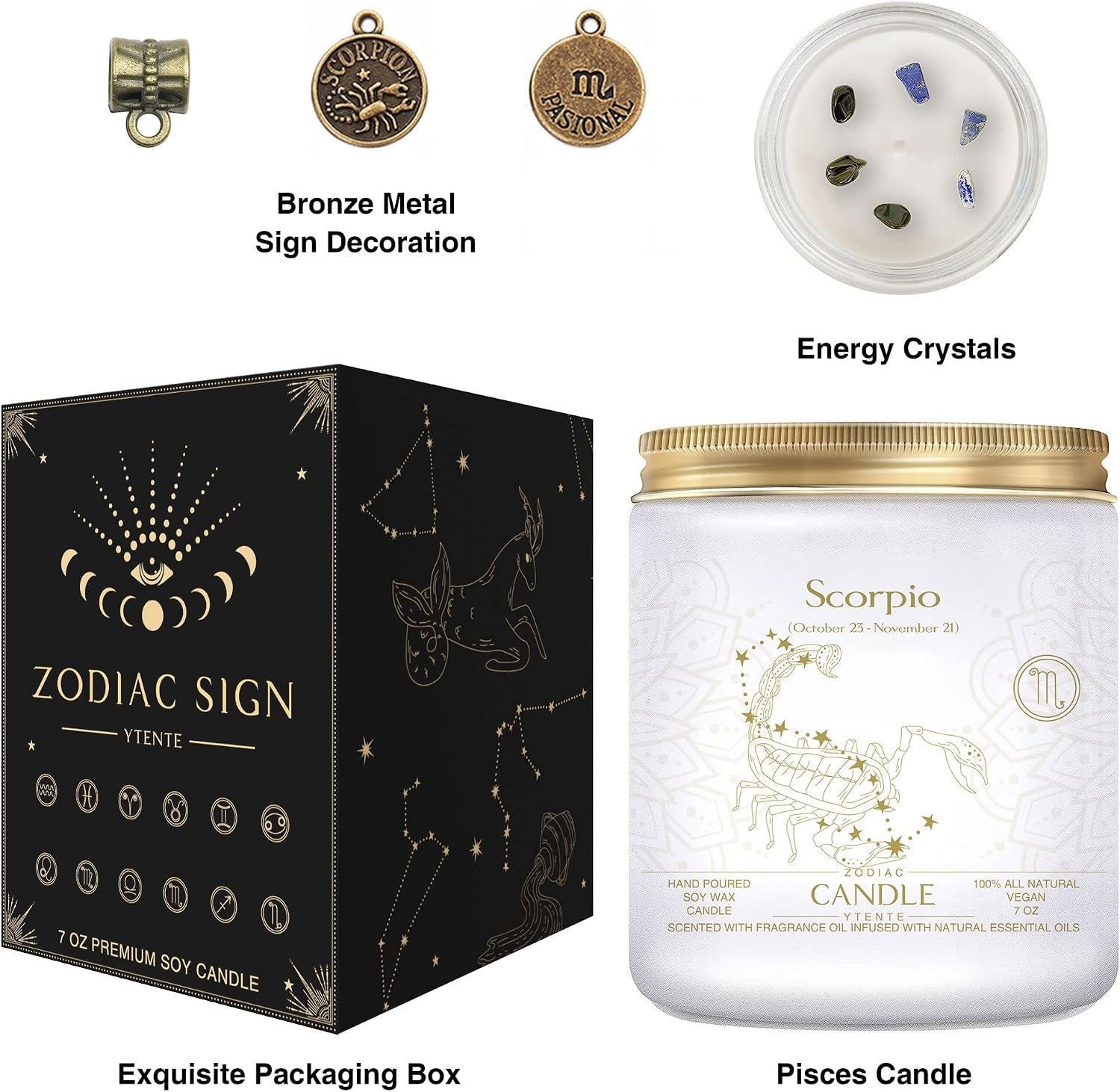 Zodiac Sign Jar Candle, Scorpio, Lavender Scented, Crystal Infused, 4 Ounce, Black, Unisex, All Season, Birthday, Anniversary, Christmas