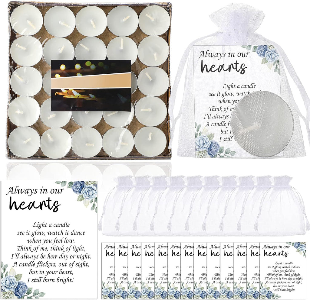 50 Set Funeral Party Favors Memorial White Candles Unscented Funeral Gifts Tealight Candles with Condolence Bereavement Cards and Organza Bags for Guest Celebration of Life Decorations (Elegant)