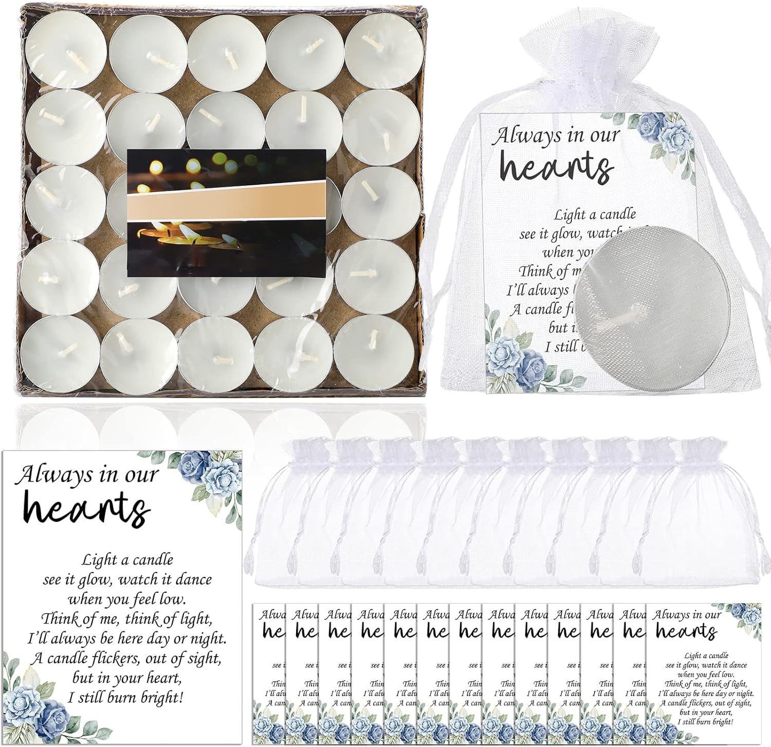 50 Set Funeral Party Favors Memorial White Candles Unscented Funeral Gifts Tealight Candles with Condolence Bereavement Cards and Organza Bags for Guest Celebration of Life Decorations (Elegant)
