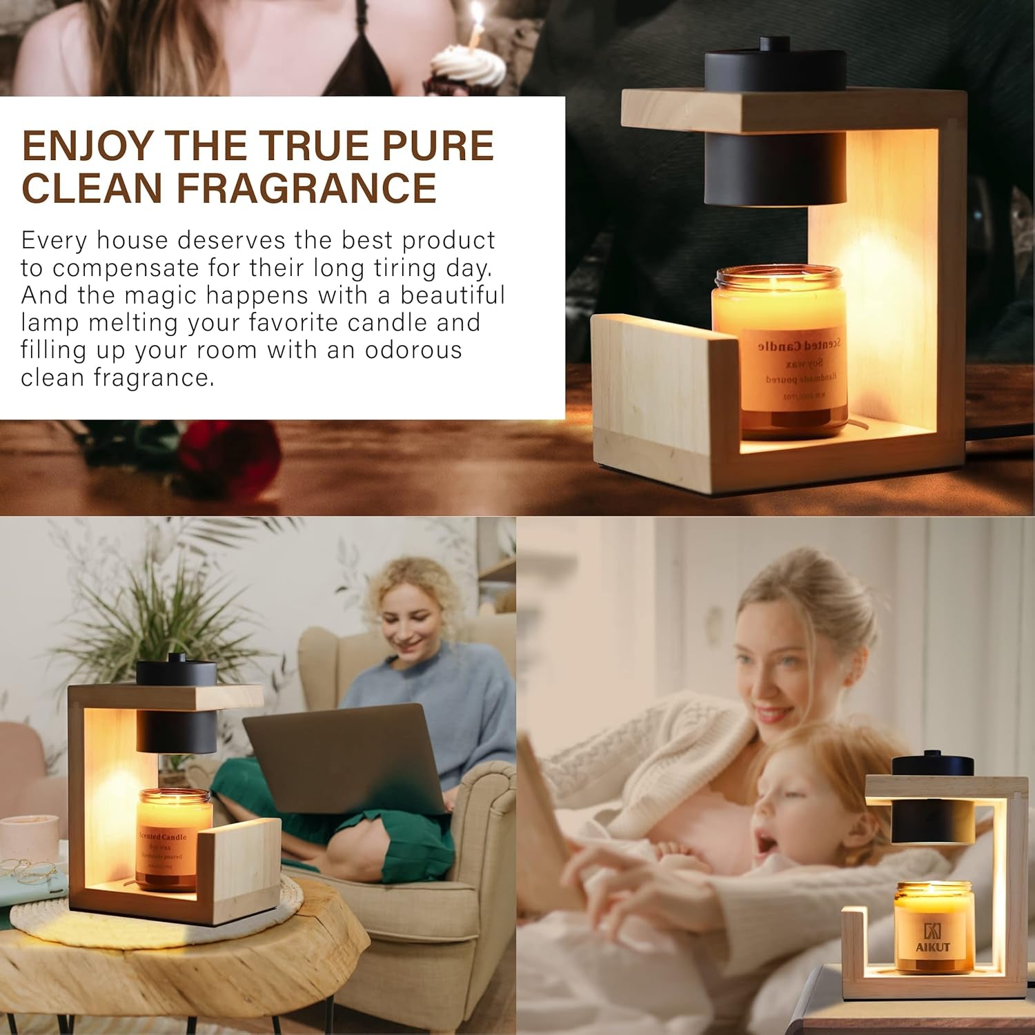 Candle Warmer Lamp, with 2 Bulbs,Timer & Dimmer,Simple Natural Wood,Compatible up to 4.5 Inch Candles,For Home Scented and Décor，110-120V (Wood)