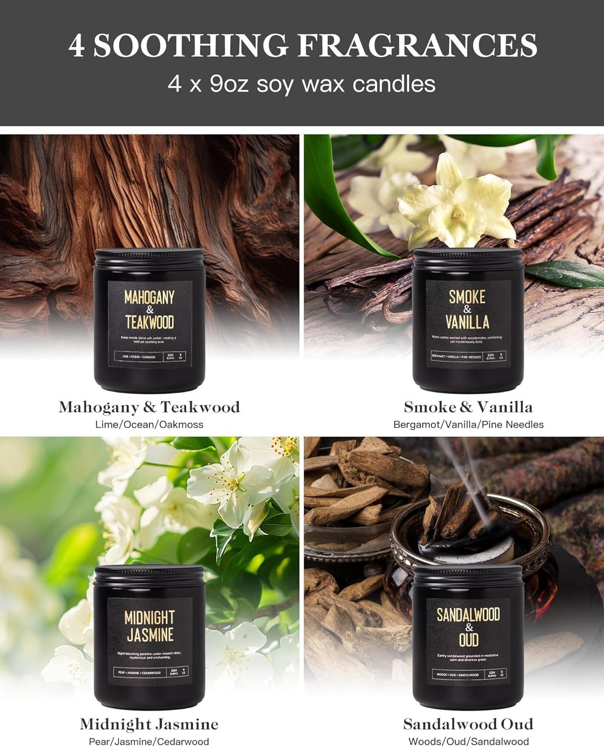 Men'S Candle Gift Set, 4 Pack Crackling Wood Wick Soy Scented Candles, 36Oz Masculine Aromatherapy Candles for Home, up to 200H Burn Time, Thoughtful Gift for Fathers, Husbands and Men