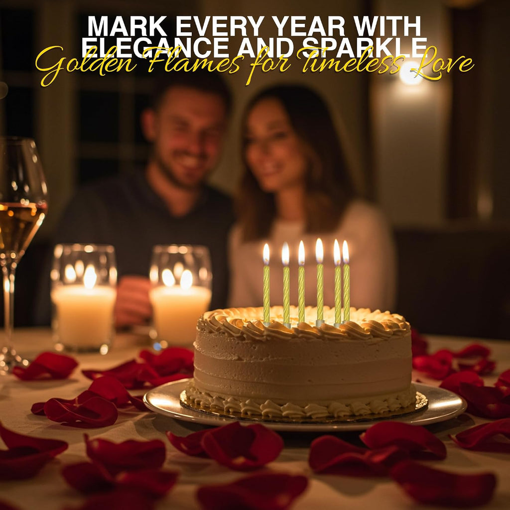 Birthday Candles, Gold Birthday Candles for Cakes, Pack of 12 Party Spiral Candles with Gold Candle Holders, Candles for Wedding, Birthday, Party Decorations, Anniversary and Meetups