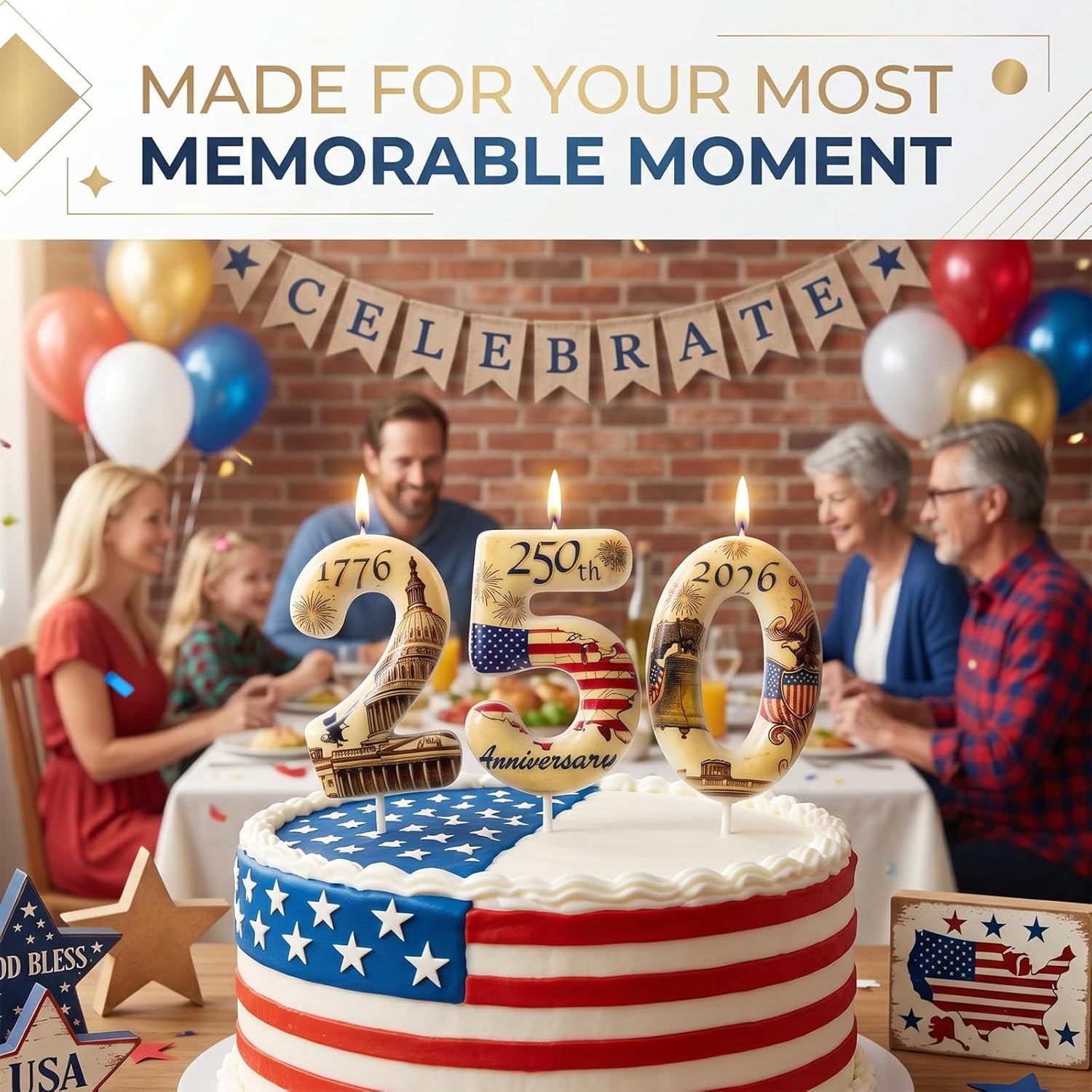 USA 250Th Anniversary Number Birthday Candles, Patriotic Themed Cake Topper for 4Th of July Independence Day & Memorial Day Party Decorations Supplies
