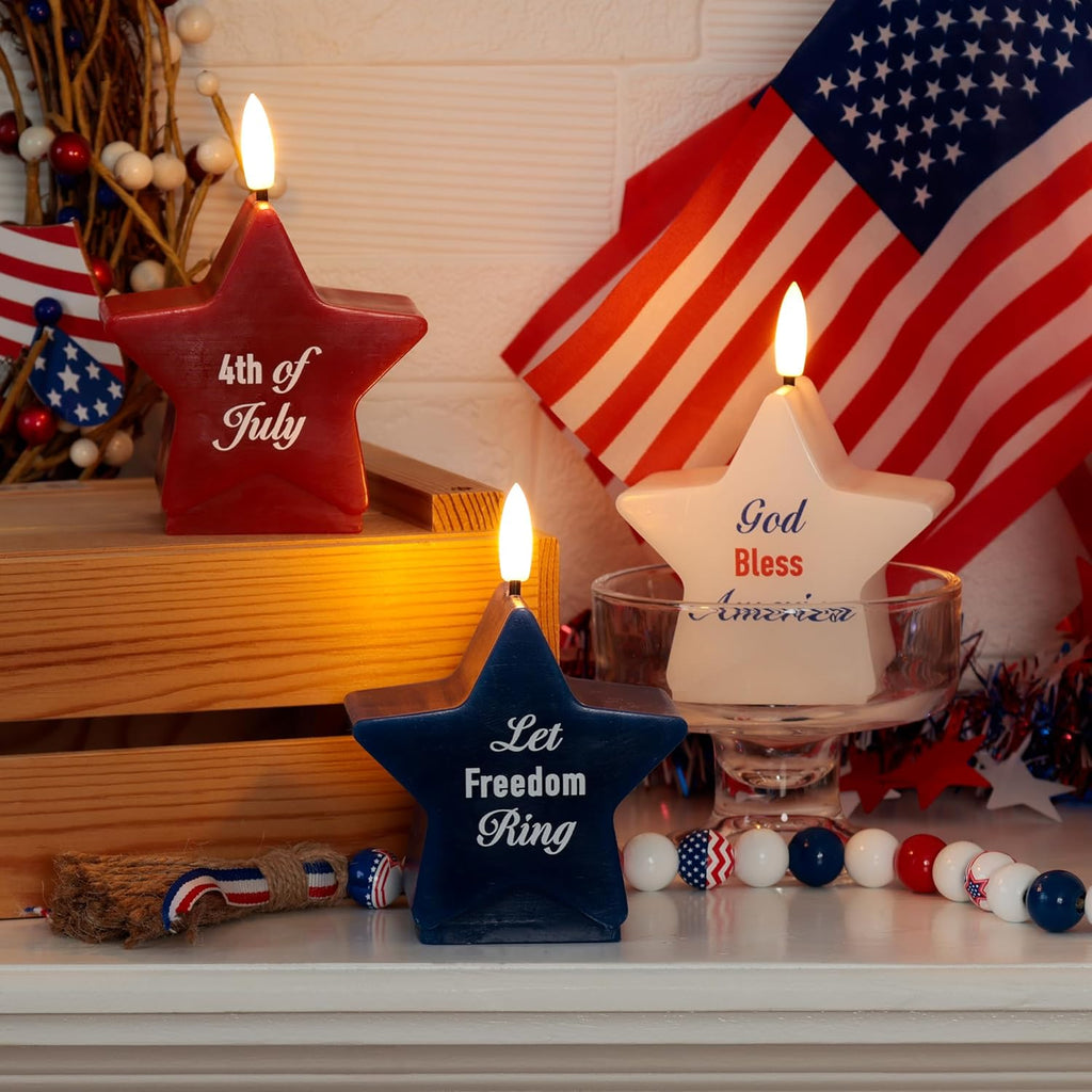 4Th of July Star Shaped Flameless Candles with Remote and Timer, Real Wax Red White and Blue LED Candles, 250Th Anniversary Patriotic Battery Operated Fourth of July Decor Set