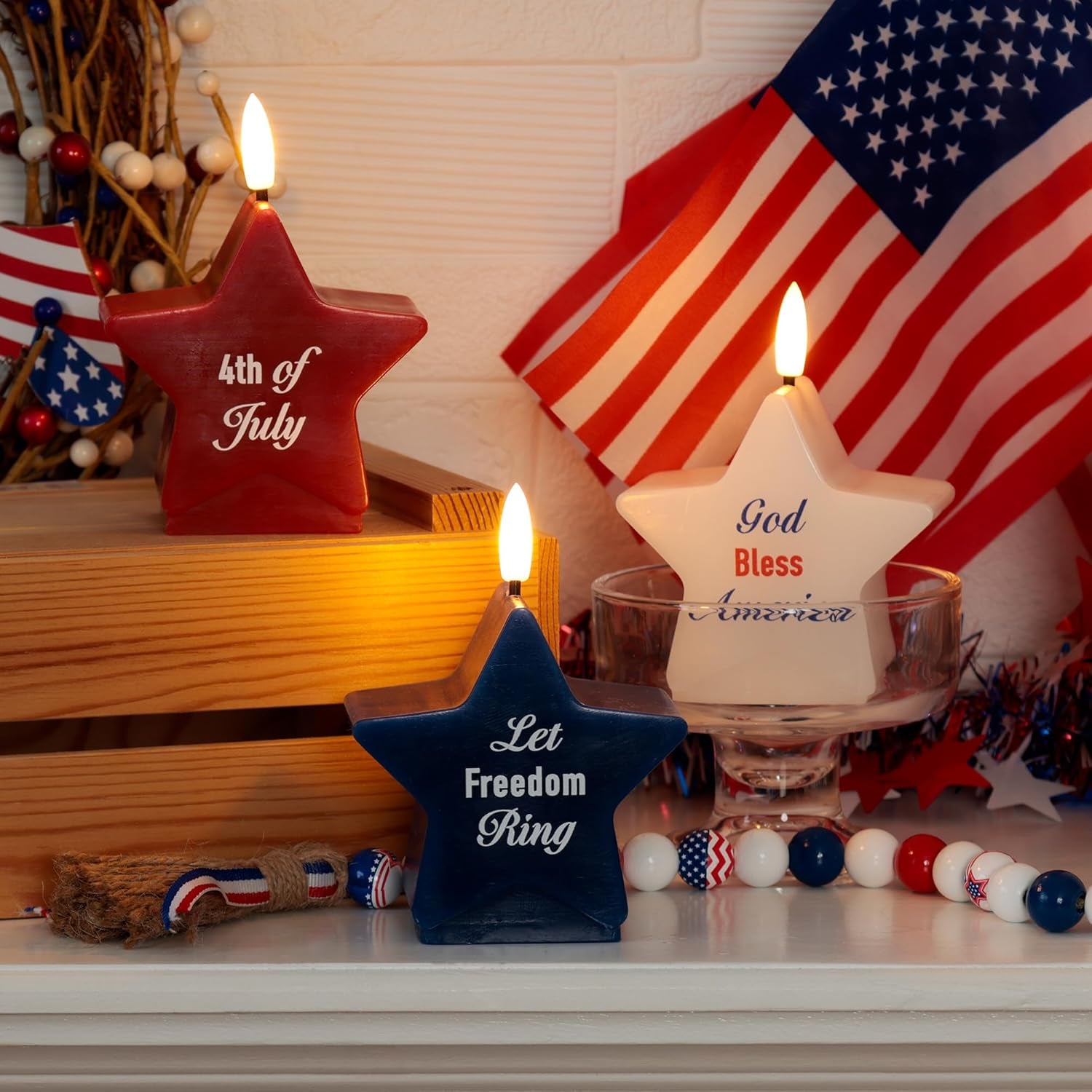 4Th of July Star Shaped Flameless Candles with Remote and Timer, Real Wax Red White and Blue LED Candles, 250Th Anniversary Patriotic Battery Operated Fourth of July Decor Set