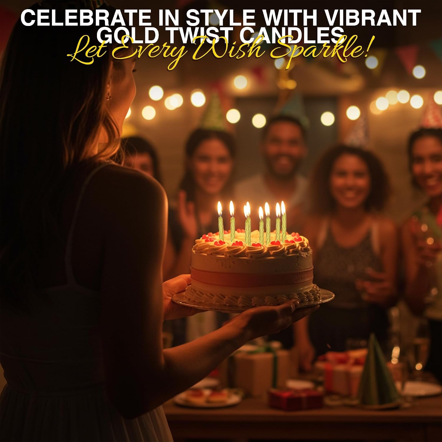 Birthday Candles, Gold Birthday Candles for Cakes, Pack of 12 Party Spiral Candles with Gold Candle Holders, Candles for Wedding, Birthday, Party Decorations, Anniversary and Meetups